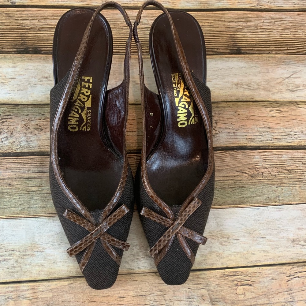 Salvatore Ferragamo Brown Pointed Slingback Heels